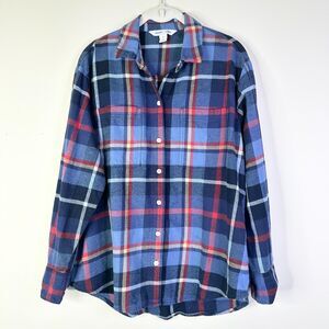 Old Navy Top Women M Navy Blue Pink Boyfriend Shirt Plaid Flannel Boho Cottage